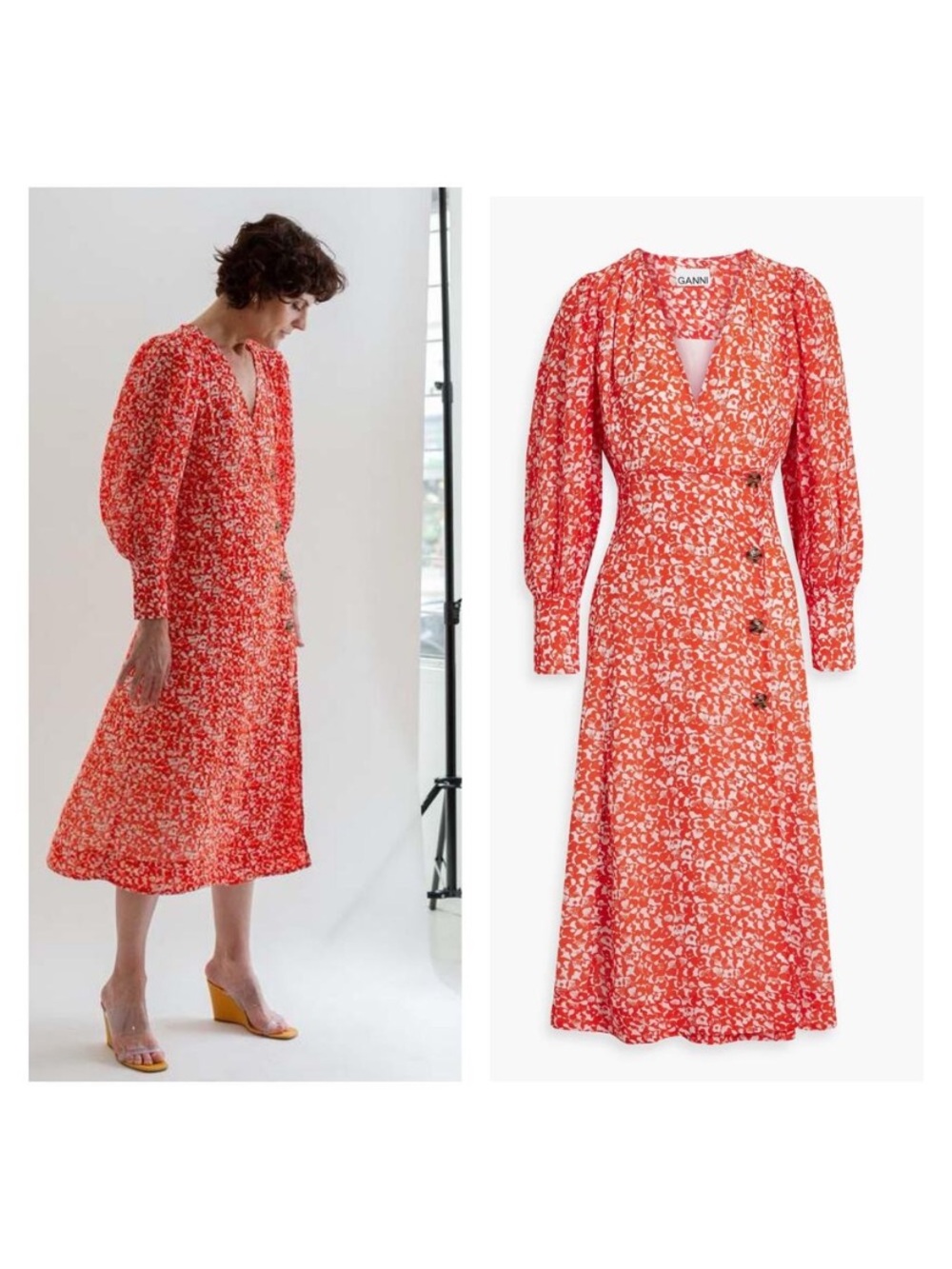 Ganni Orange-Red Floral Button Wrap Midi Dress